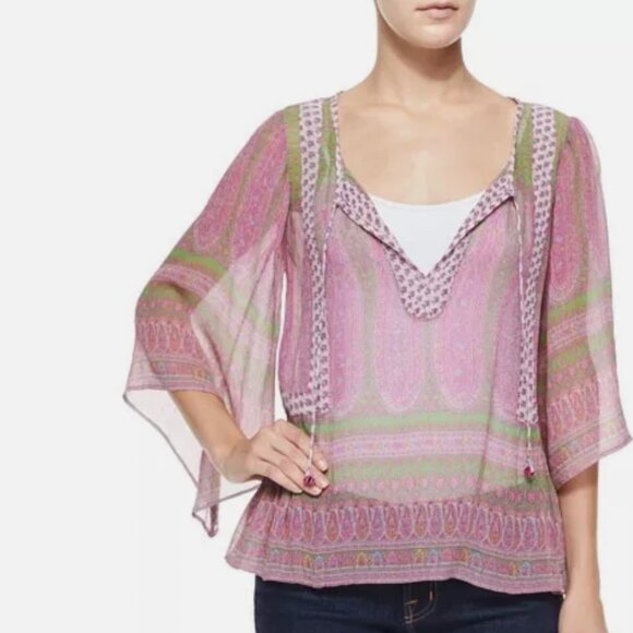 Calypso St. Barth 100% Silk Boho Tunic – Pink & Green – Size S - Picture 3 of 7